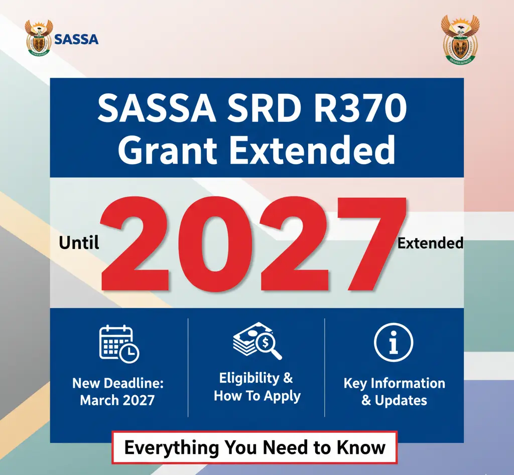 South African citizens checking SASSA SRD R370 grant application status on mobile phone with 2027 extension announcement