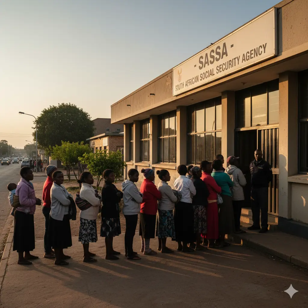 People standing in a queue outside a SASSA office to check SRD grant status in South Africa