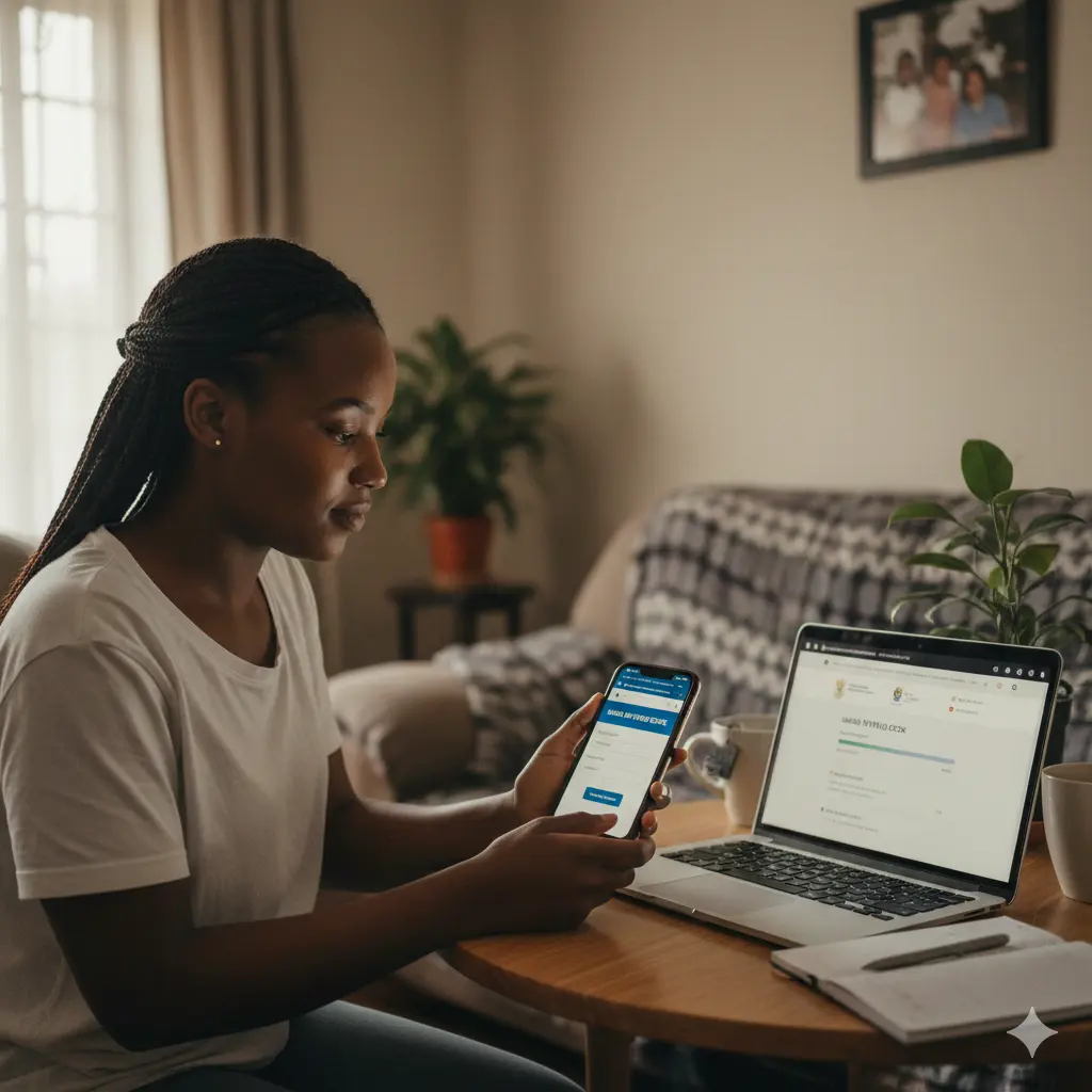 South African applicant checking SASSA SRD R350 R370 grant status online using a smartphone and laptop at home