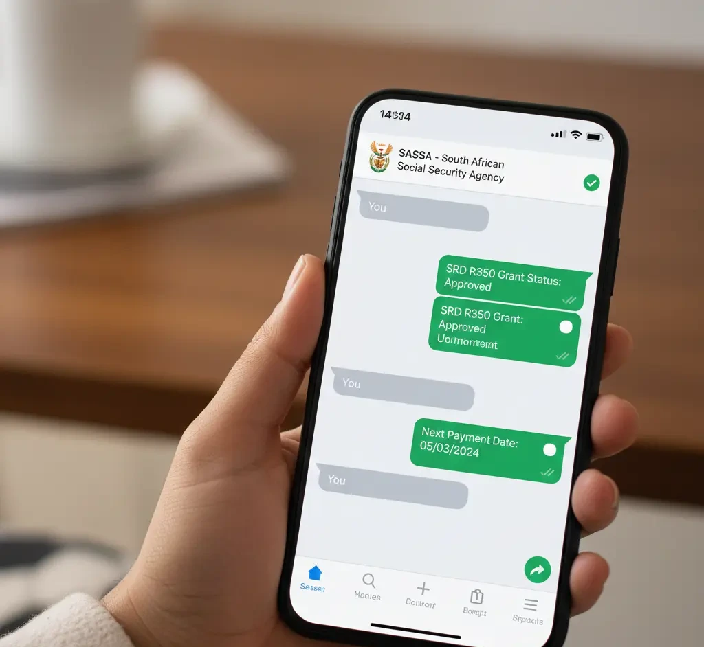 User checking SASSA SRD grant status through official SASSA WhatsApp number on a mobile phone