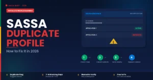 SASSA duplicate profile warning 2026 infographic showing ID card alert, 4-step fix process, and resolution timeline for SRD grant applicants.