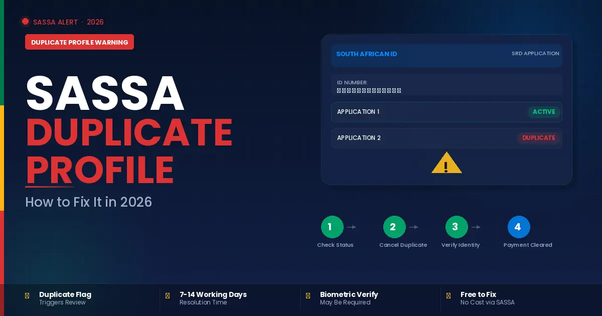 SASSA duplicate profile warning 2026 infographic showing ID card alert, 4-step fix process, and resolution timeline for SRD grant applicants.
