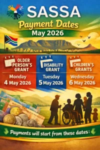 SASSA May 2026 payment dates calendar showing 5, 6, and 7 May highlighted for Older Persons, Disability, and Children's Grants