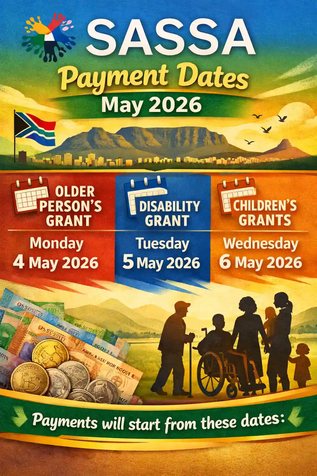SASSA May 2026 payment dates calendar showing 5, 6, and 7 May highlighted for Older Persons, Disability, and Children's Grants