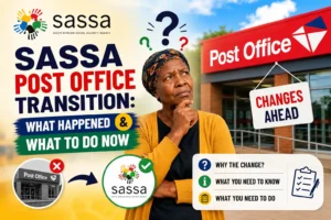 SASSA Post Office transition update showing grant payment changes, SASSA card holder, and what beneficiaries must do now.