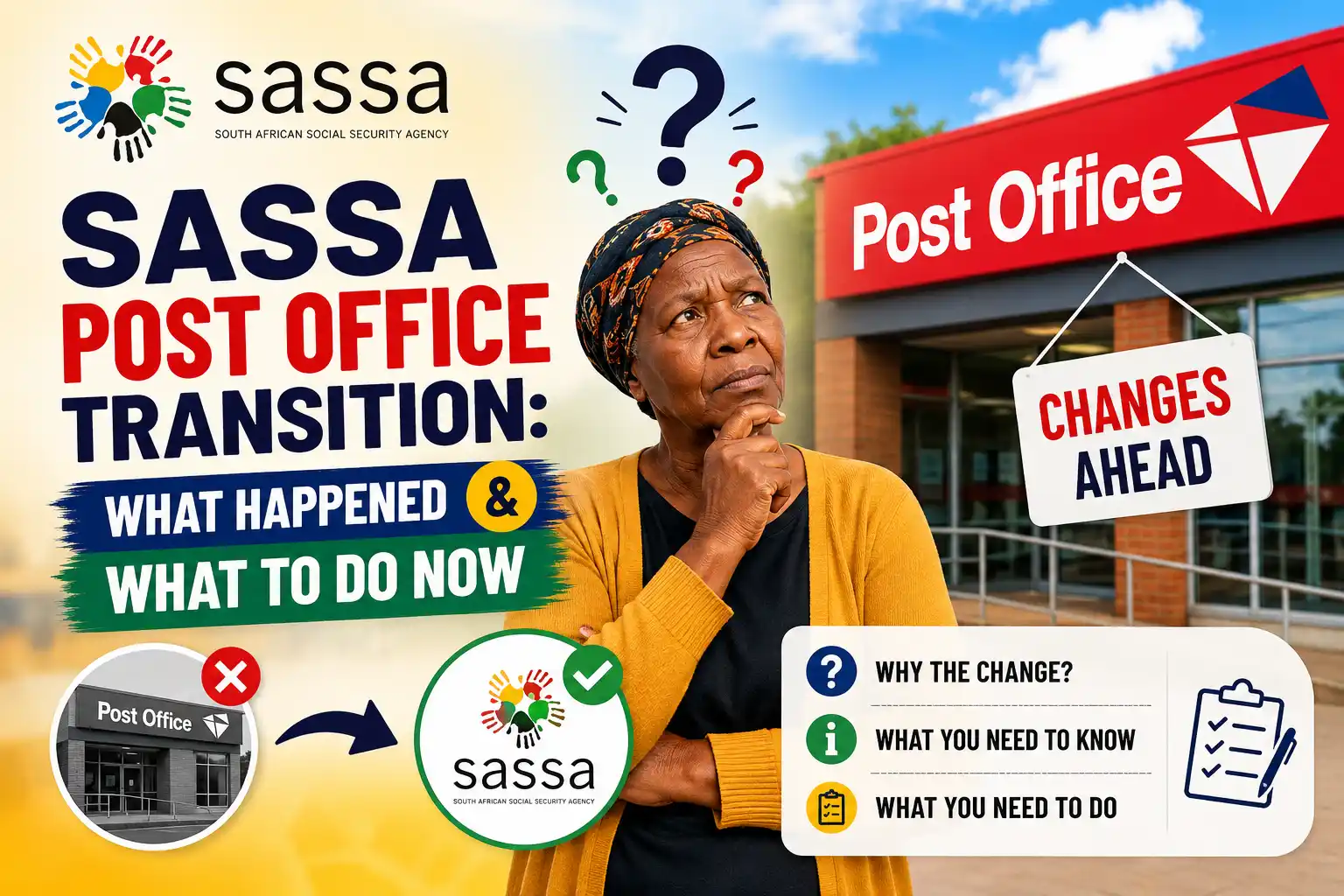 SASSA Post Office transition update showing grant payment changes, SASSA card holder, and what beneficiaries must do now.